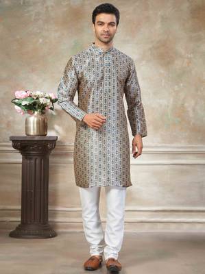 Teal colour premium silk digital print kurta pajama menswear collection 1