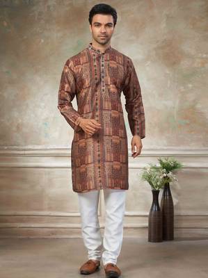 Brown colour premium silk digital print kurta pajama menswear collection 2