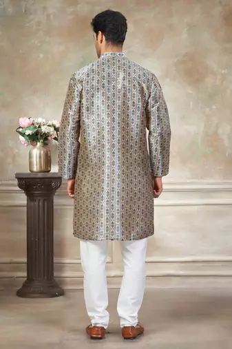 Teal colour premium silk digital print kurta pajama menswear collection