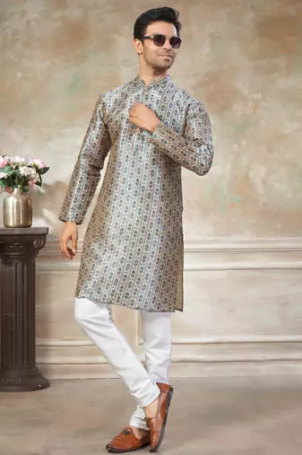 Teal colour premium silk digital print kurta pajama menswear collection