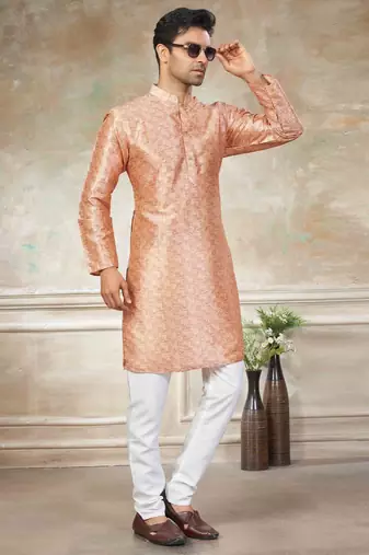 Peach colour premium silk digital print kurta pajama menswear collection