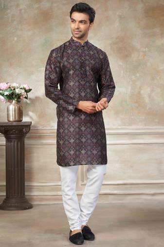 Black colour premium silk digital print kurta pajama menswear collection