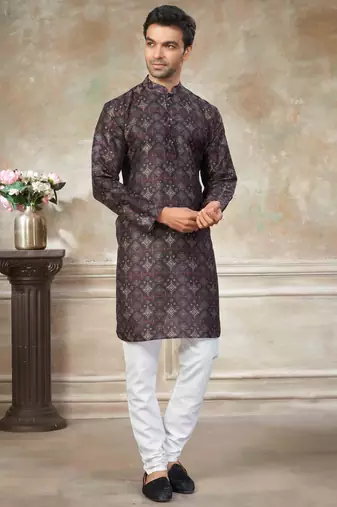 Black colour premium silk digital print kurta pajama menswear collection
