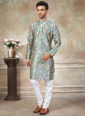 Teal colour premium silk digital print kurta pajama menswear collection 1