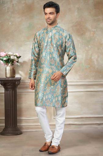 Teal colour premium silk digital print kurta pajama menswear collection