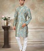 Teal colour premium silk digital print kurta pajama menswear collection