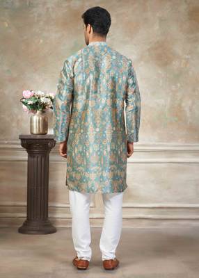 Teal colour premium silk digital print kurta pajama menswear collection 2