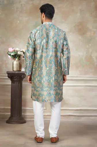 Teal colour premium silk digital print kurta pajama menswear collection