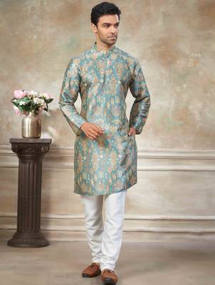 Teal colour premium silk digital print kurta pajama menswear collection 3