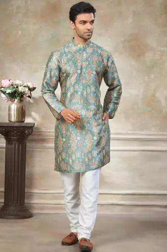 Teal colour premium silk digital print kurta pajama menswear collection