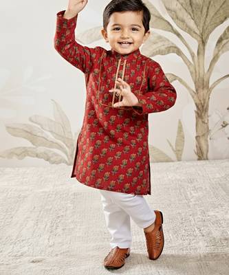 red cotton floral print kurta with white pyjama - navratri collection 1