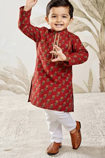 red cotton floral print kurta with white pyjama - navratri collection