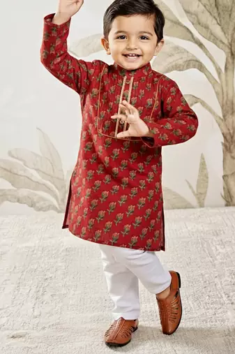 red cotton floral print kurta with white pyjama - navratri collection
