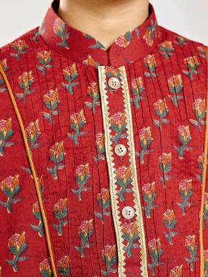 red cotton floral print kurta with white pyjama - navratri collection 2