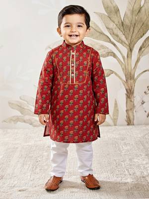 red cotton floral print kurta with white pyjama - navratri collection 3