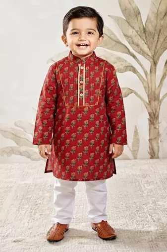 red cotton floral print kurta with white pyjama - navratri collection