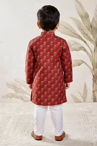 red cotton floral print kurta with white pyjama - navratri collection