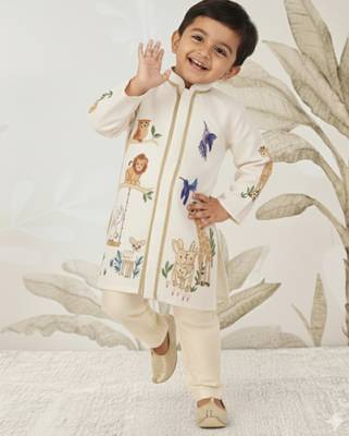 off white rayon animal print kurta with cream pyjama - festive set 1