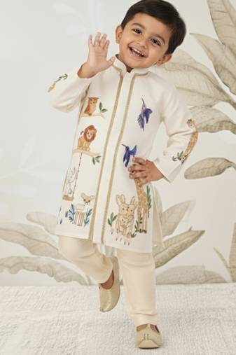 off white rayon animal print kurta with cream pyjama - festive set
