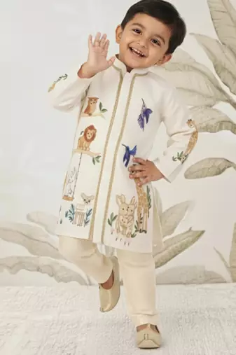 off white rayon animal print kurta with cream pyjama - festive set
