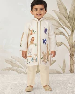 off white rayon animal print kurta with cream pyjama - festive set 3