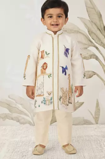 off white rayon animal print kurta with cream pyjama - festive set