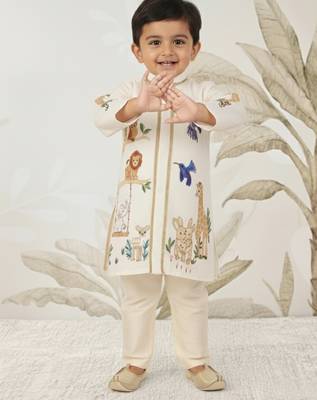 off white rayon animal print kurta with cream pyjama - festive set 4