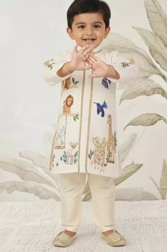 off white rayon animal print kurta with cream pyjama - festive set