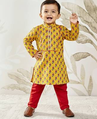 mustard cotton floral print kurta with rust pyjama - festival set 1