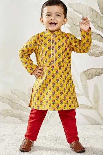 mustard cotton floral print kurta with rust pyjama - festival set