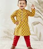 mustard cotton floral print kurta with rust pyjama - festival set