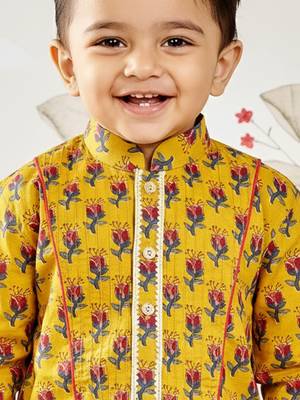 mustard cotton floral print kurta with rust pyjama - festival set 2
