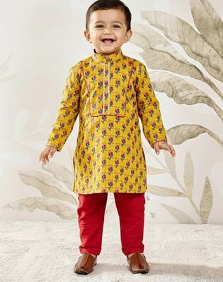 mustard cotton floral print kurta with rust pyjama - festival set 3