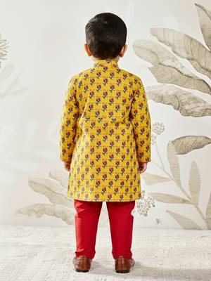 mustard cotton floral print kurta with rust pyjama - festival set 4