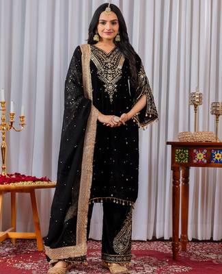 Black velvet silk embroidery work party wear suit- full free size 1