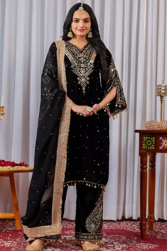 Black color velvet silk embroidery work party wear suit- full stitched free size