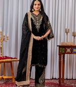 Black color velvet silk embroidery work party wear suit- full stitched free size