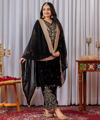 Black velvet silk embroidery work party wear suit- full free size 3
