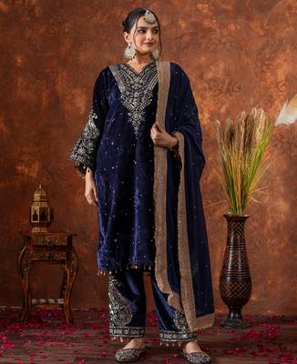 Blue velvet silk embroidery work party wear suit- full free size 1