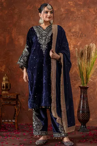 Blue color velvet silk embroidery work party wear suit- full stitched free size