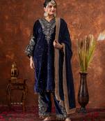 Blue color velvet silk embroidery work party wear suit- full stitched free size
