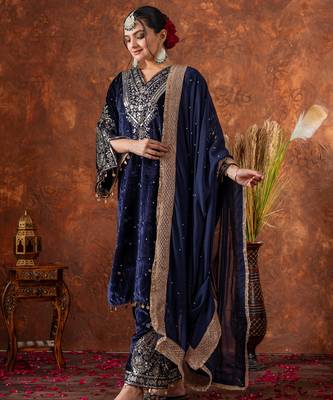Blue velvet silk embroidery work party wear suit- full free size 3
