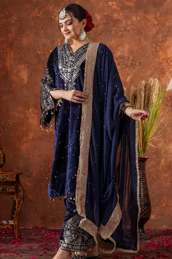 Blue velvet silk embroidery work party wear suit- full free size