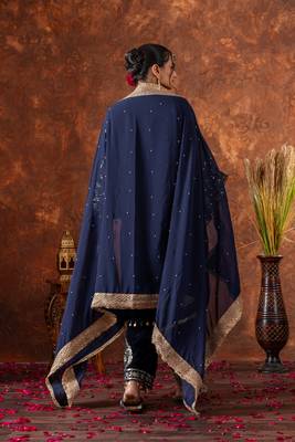 Blue velvet silk embroidery work party wear suit- full free size 4