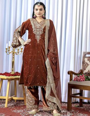Brown velvet silk embroidery work party wear suit - full free size 1