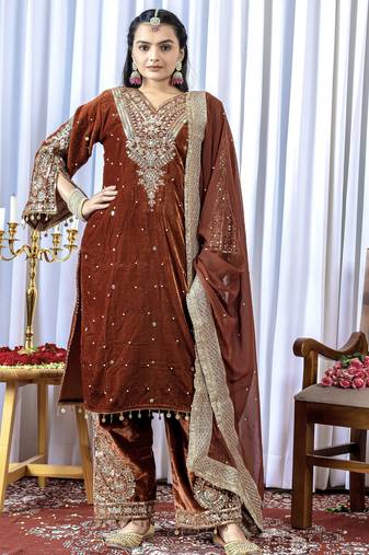 Brown color velvet silk embroidery work party wear suit - full stitched free size