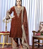 Brown color velvet silk embroidery work party wear suit - full stitched free size