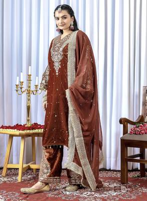 Brown velvet silk embroidery work party wear suit - full free size 3