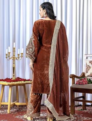 Brown velvet silk embroidery work party wear suit - full free size 4