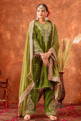 Green color velvet silk embroidery work party wear suit - full stitched free size